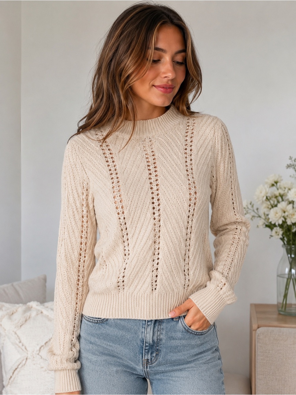 Forever 21 Cream Pointelle Knit Mock Neck Sweater Size Small